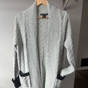 Tahari Cozy Gray Cable Knit Cardigan with Black cuffs and pockets